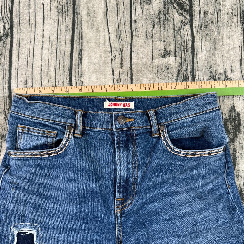 Johnny Was Cropped Baby Boot Jeans 28 Blue Embroidered Boho Floral - Picture 11 of 13
